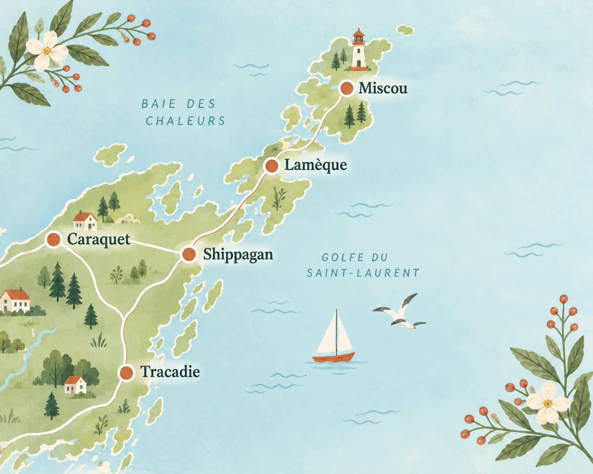 Carte illustrée de la Péninsule acadienne : Tracadie, Caraquet, Shippagan, Lamèque et Miscou